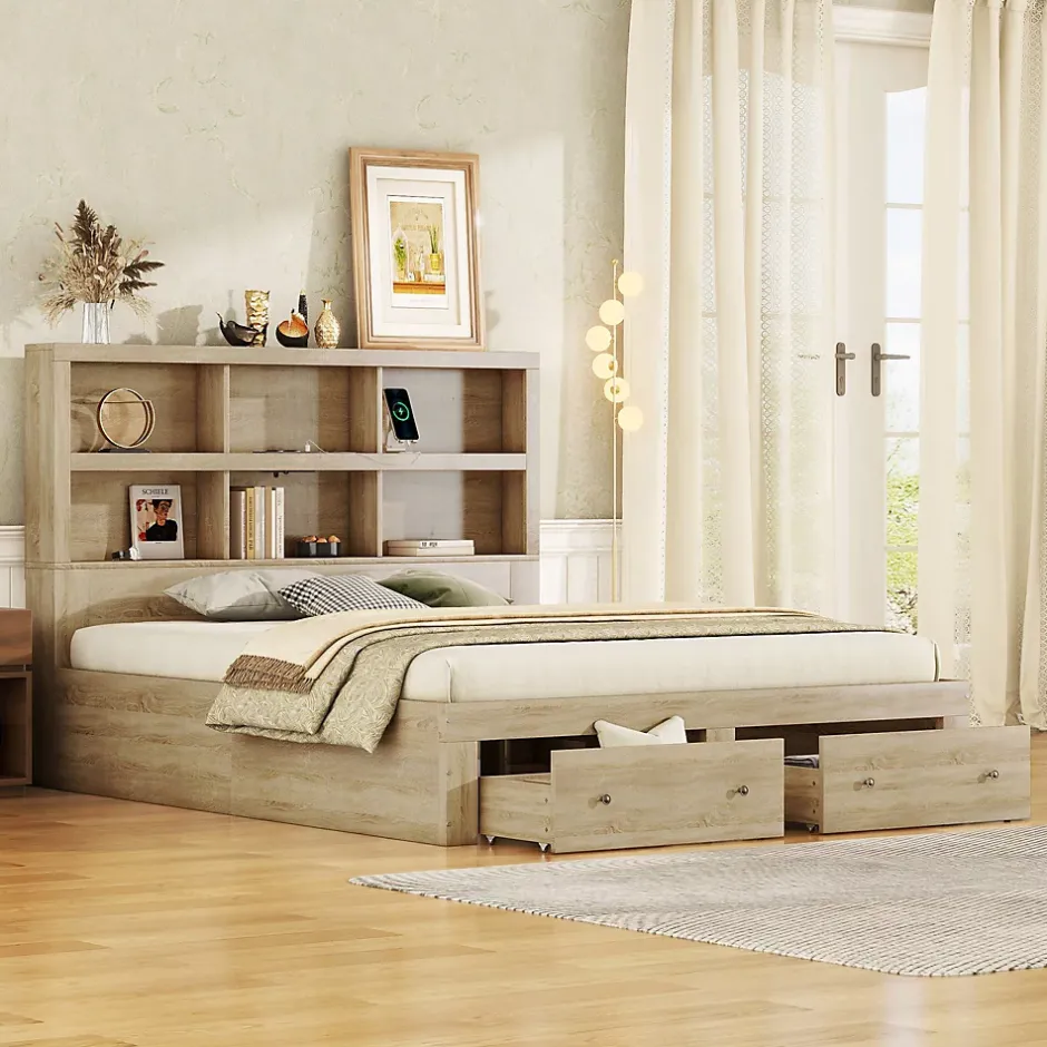 Okwish Lit avec rangement 160 x 200 cm Lit double avec 2 tiroirs et tête de lit fonctionnelle - Sans matelas - Naturel Discount