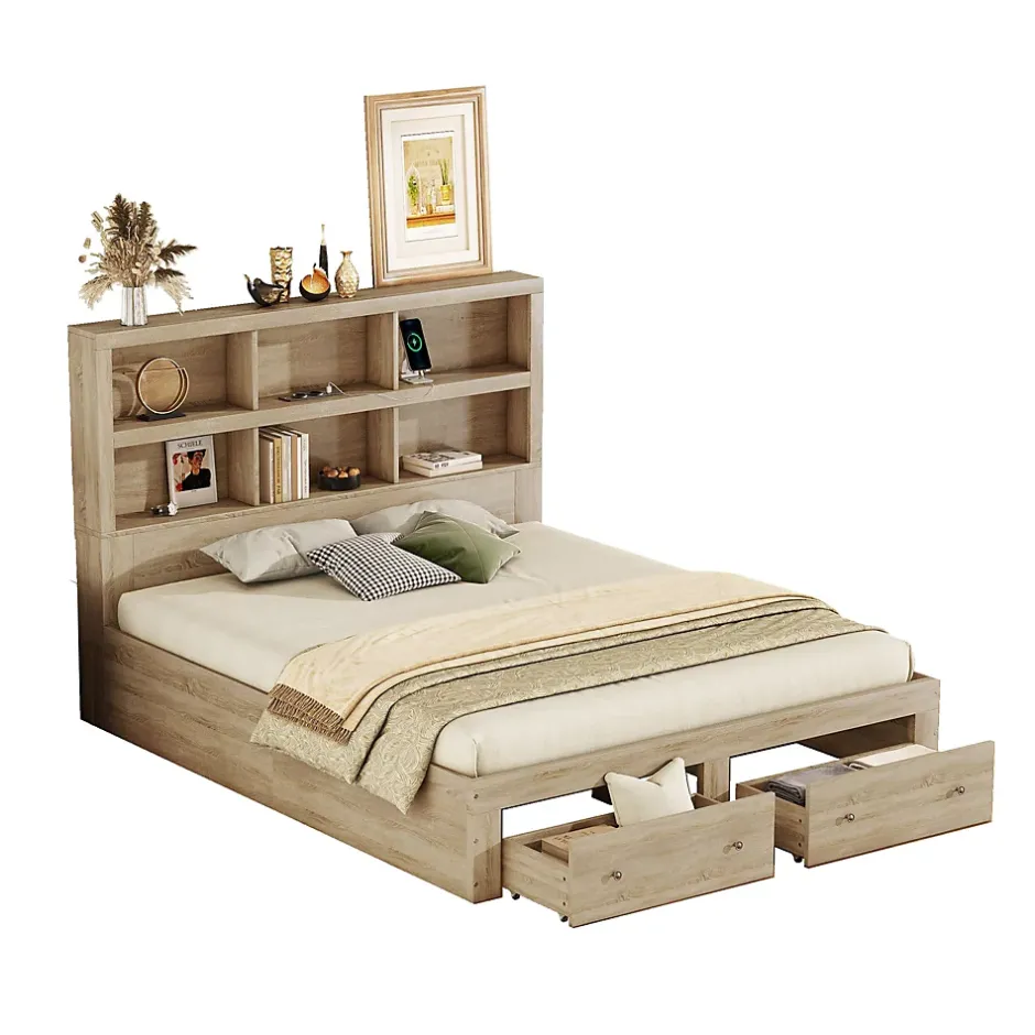 Okwish Lit avec rangement 160 x 200 cm Lit double avec 2 tiroirs et tête de lit fonctionnelle - Sans matelas - Naturel Discount