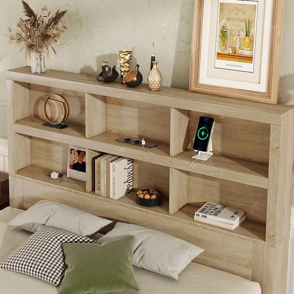 Okwish Lit avec rangement 160 x 200 cm Lit double avec 2 tiroirs et tête de lit fonctionnelle - Sans matelas - Naturel Discount
