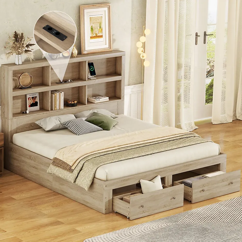 Okwish Lit avec rangement 160 x 200 cm Lit double avec 2 tiroirs et tête de lit fonctionnelle - Sans matelas - Naturel Discount