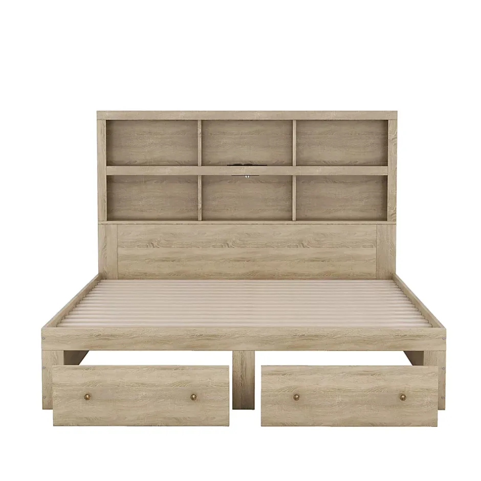 Okwish Lit avec rangement 160 x 200 cm Lit double avec 2 tiroirs et tête de lit fonctionnelle - Sans matelas - Naturel Discount