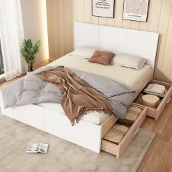 Okwish Lit avec rangement 140 x 200 cm - Lit Double avec 2 Tiroirs - Bois MDF - Sans Matelas - Blanc