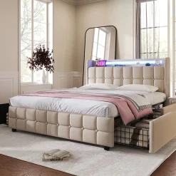 Generique Lit avec rangement 160 x 200 cm - Lit Double avec Ports USB et LED - Lin Bois Métal - Sans Matelas - Beige