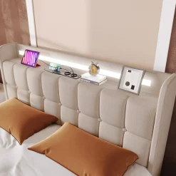 Generique Lit avec rangement 160 x 200 cm - Lit Double avec Ports USB et LED - Lin Bois Métal - Sans Matelas - Beige