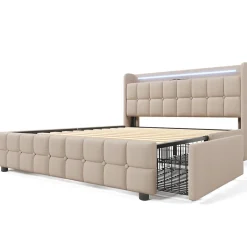 Generique Lit avec rangement 160 x 200 cm - Lit Double avec Ports USB et LED - Lin Bois Métal - Sans Matelas - Beige