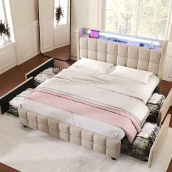 Okwish Lit avec rangement 140 x 200 cm - Lit Double avec 4 Tiroirs et LED - Lin Bois Métal - Sans Matelas - Beige New