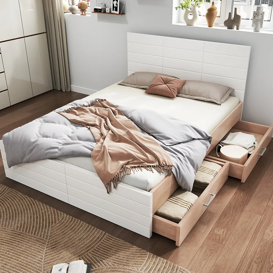 Okwish Lit avec rangement 180 x 200 cm - Lit Double avec 2 Tiroirs - Bois MDF - Sans Matelas - Blanc Chêne