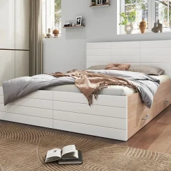 Okwish Lit avec rangement 180 x 200 cm - Lit Double avec 2 Tiroirs - Bois MDF - Sans Matelas - Blanc Chêne
