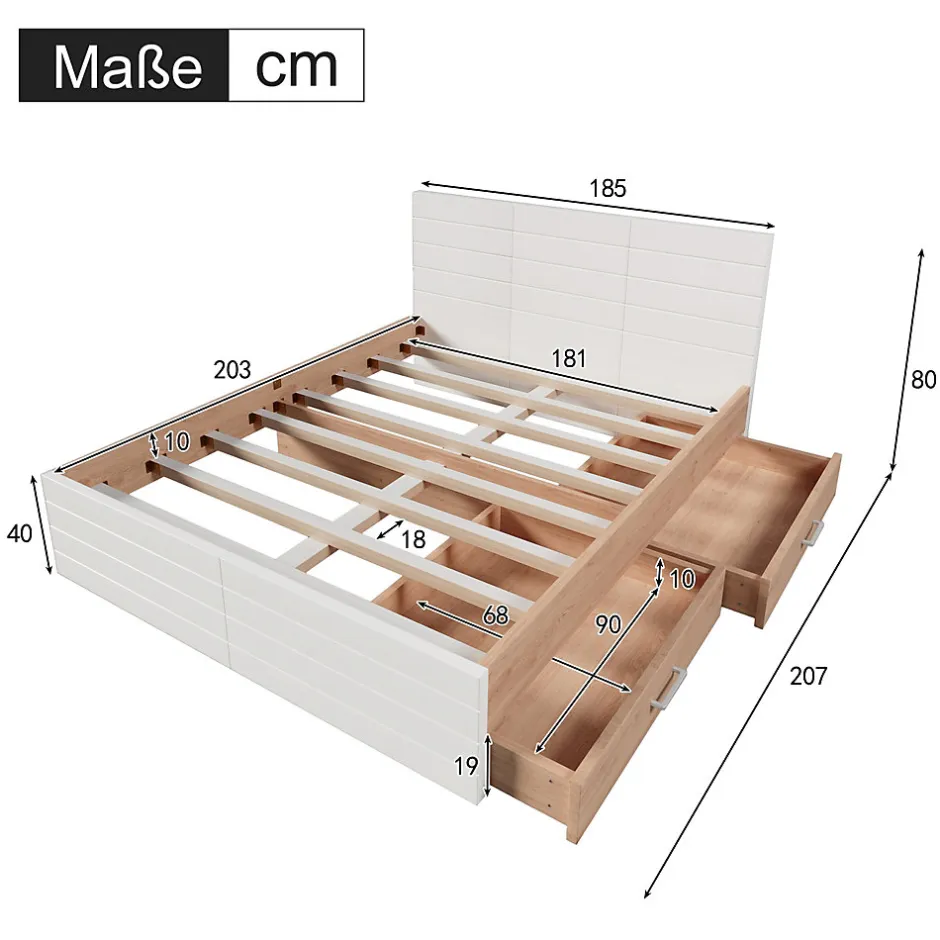 Okwish Lit avec rangement 180 x 200 cm - Lit Double avec 2 Tiroirs - Bois MDF - Sans Matelas - Blanc Chêne