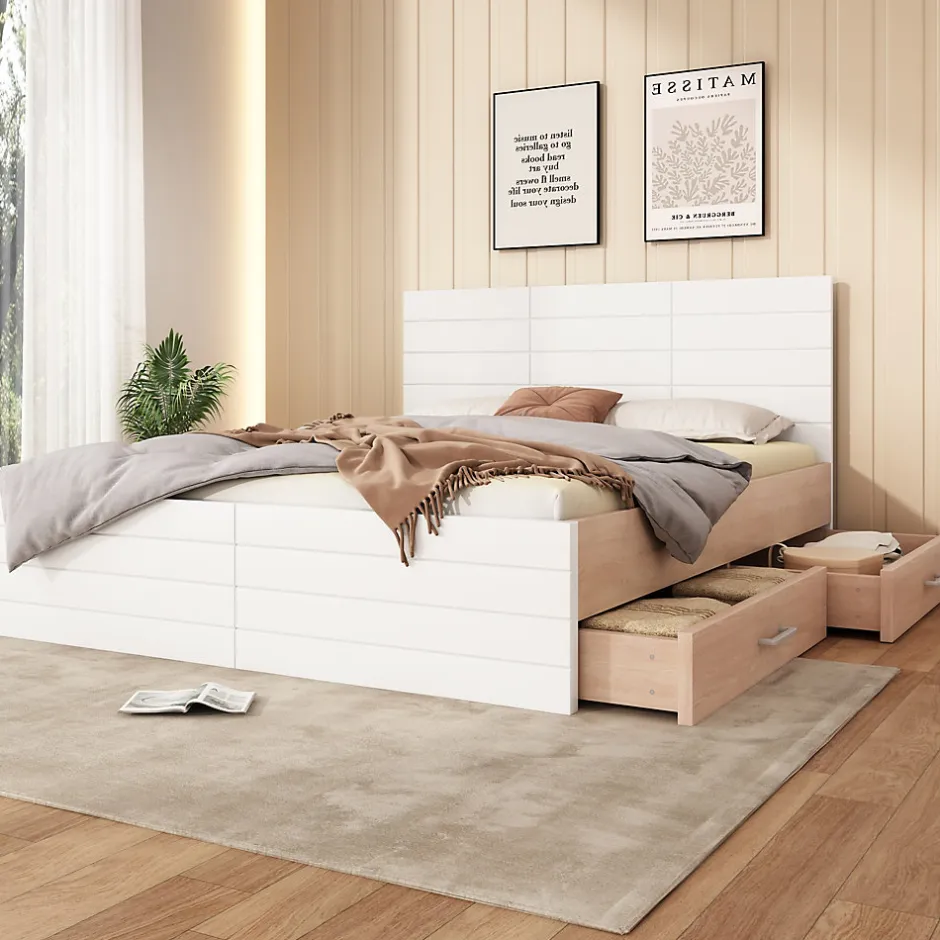 Okwish Lit avec rangement 180 x 200 cm - Lit Double avec 2 Tiroirs - Bois MDF - Sans Matelas - Blanc Chêne