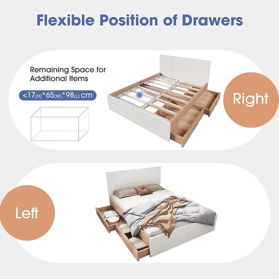 Okwish Lit avec rangement 180 x 200 cm - Lit Double avec 2 Tiroirs - Bois MDF - Sans Matelas - Blanc Chêne