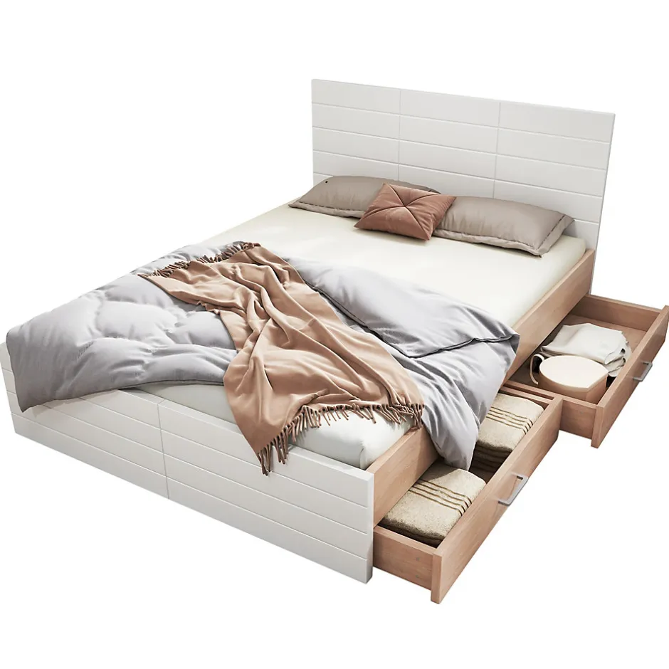 Okwish Lit avec rangement 180 x 200 cm - Lit Double avec 2 Tiroirs - Bois MDF - Sans Matelas - Blanc Chêne
