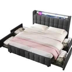Okwish Lit avec rangement 180 x 200 cm - Lit Double avec Ports USB et LED - Lin Bois Métal - Sans Matelas - Gris Best