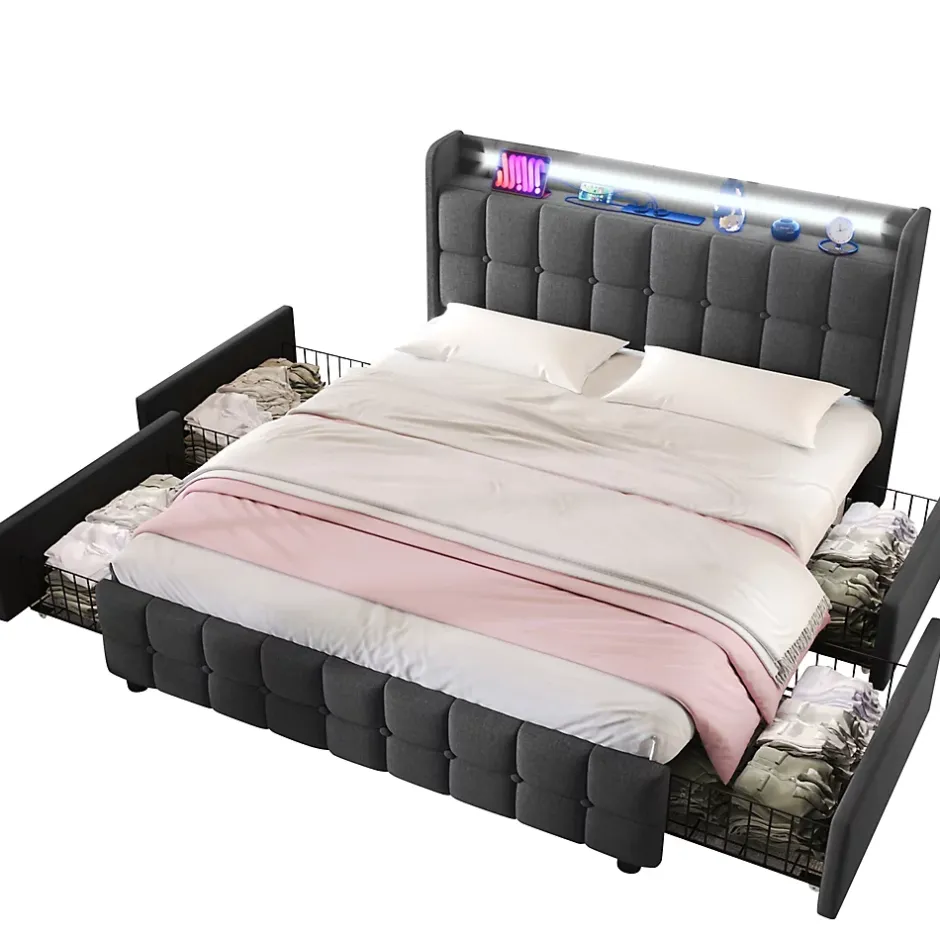 Okwish Lit avec rangement 180 x 200 cm - Lit Double avec Ports USB et LED - Lin Bois Métal - Sans Matelas - Gris Best