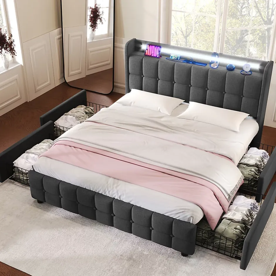 Okwish Lit avec rangement 180 x 200 cm - Lit Double avec Ports USB et LED - Lin Bois Métal - Sans Matelas - Gris Best
