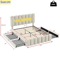 Okwish Lit avec Rangement 160 x 200 cm - Lit Capitonné avec 4 Tiroirs, LED et USB - Velours + MDF - Sans Matelas - Beige