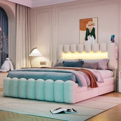 Okwish Lit avec Rangement 160 x 200 cm - Lit Capitonné avec 4 Tiroirs, LED et USB - Velours + MDF - Sans Matelas - Beige