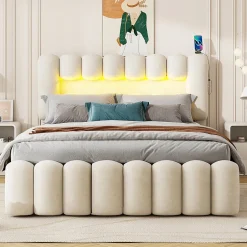 Okwish Lit avec Rangement 160 x 200 cm - Lit Capitonné avec 4 Tiroirs, LED et USB - Velours + MDF - Sans Matelas - Beige
