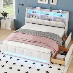 Okwish Lit avec rangement 160 x 200 cm - Lit Double avec 2 Tiroirs et Prise USB - Lin - Sans Matelas - Beige