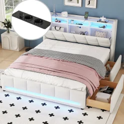 Okwish Lit avec rangement 160 x 200 cm - Lit Double avec 2 Tiroirs et Prise USB - Lin - Sans Matelas - Beige