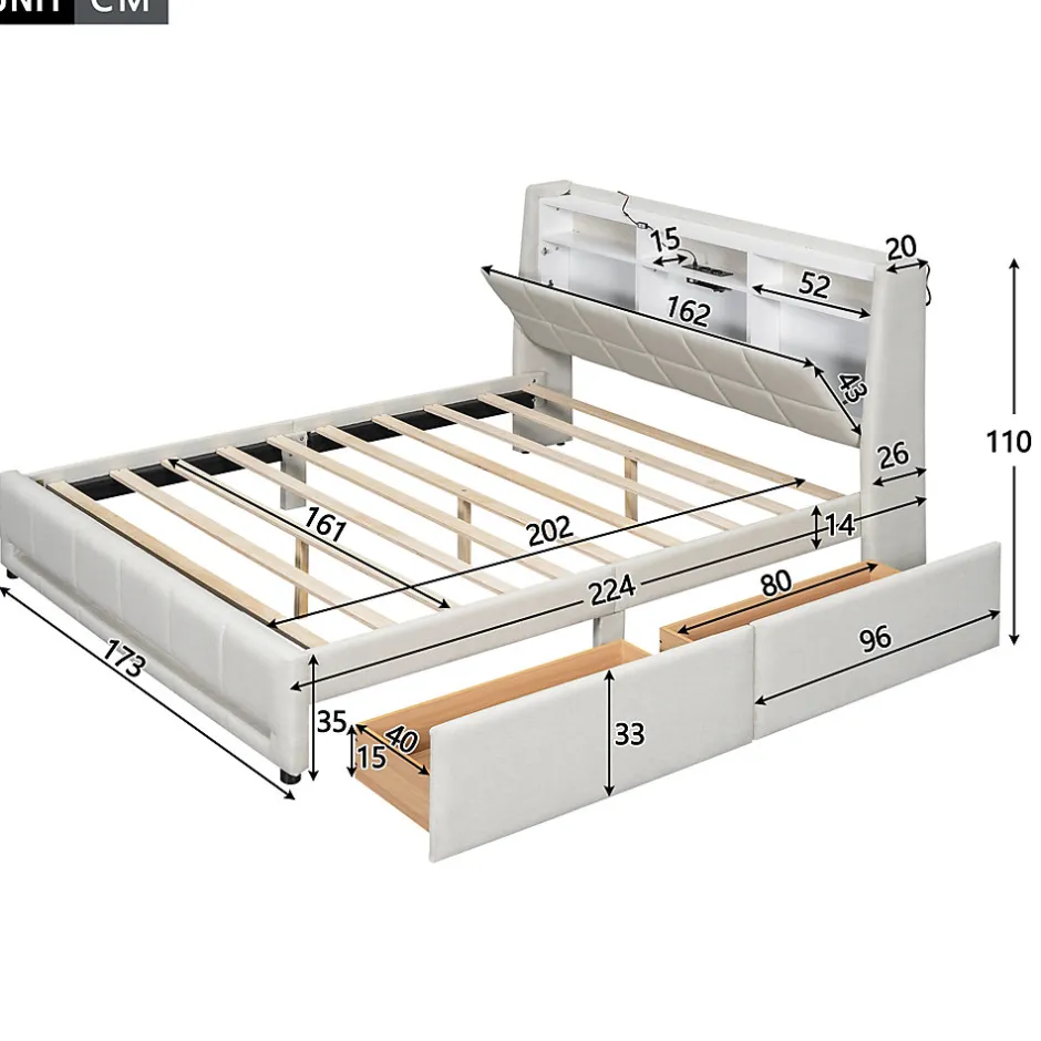 Okwish Lit avec rangement 160 x 200 cm - Lit Double avec 2 Tiroirs et Prise USB - Lin - Sans Matelas - Beige