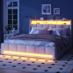 Okwish Lit avec rangement 160 x 200 cm - Lit Double avec 2 Tiroirs et Prise USB - Lin - Sans Matelas - Beige