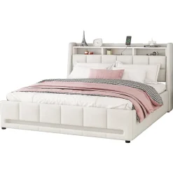 Okwish Lit avec rangement 160 x 200 cm - Lit Double avec 2 Tiroirs et Prise USB - Lin - Sans Matelas - Beige
