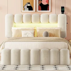Okwish Lit avec Rangement 140 x 200 cm - Lit Capitonné Beige avec 4 Tiroirs et LED - Velours + MDF - Sans Matelas