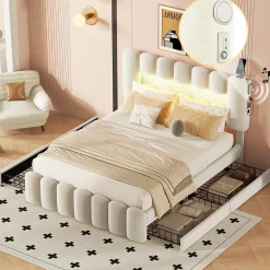 Okwish Lit avec Rangement 140 x 200 cm - Lit Capitonné Beige avec 4 Tiroirs et LED - Velours + MDF - Sans Matelas