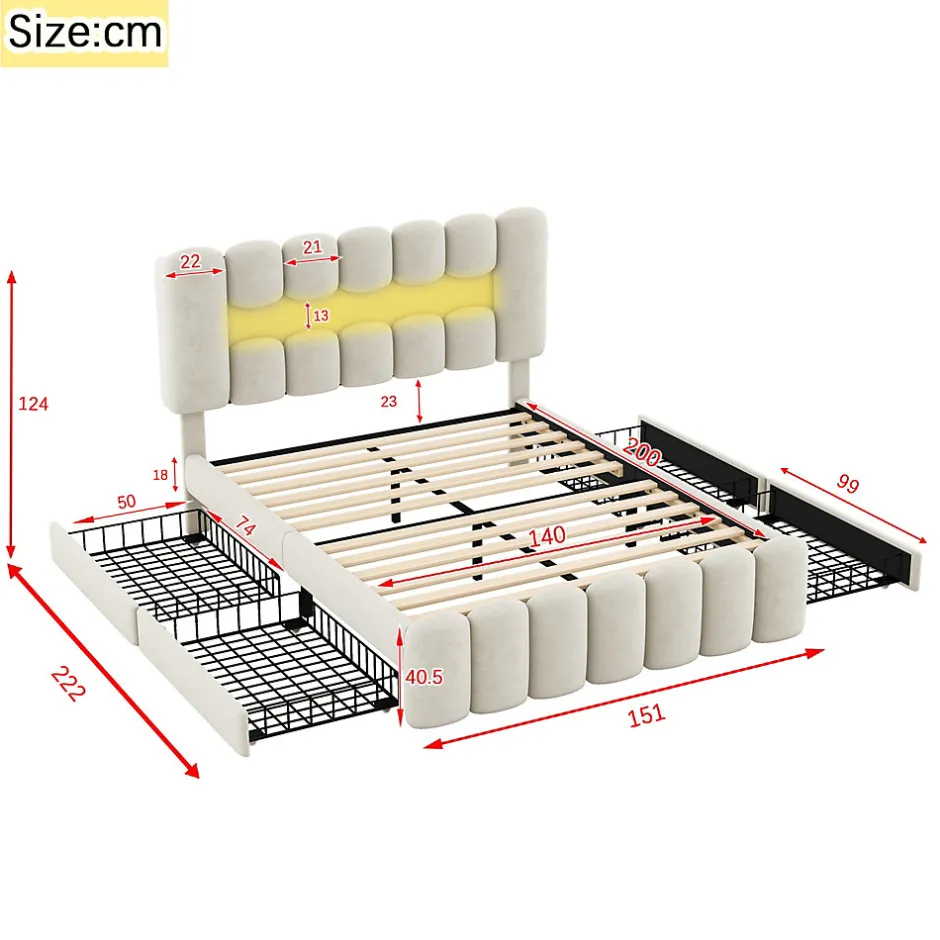 Okwish Lit avec Rangement 140 x 200 cm - Lit Capitonné Beige avec 4 Tiroirs et LED - Velours + MDF - Sans Matelas