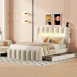 Okwish Lit avec Rangement 140 x 200 cm - Lit Capitonné Beige avec 4 Tiroirs et LED - Velours + MDF - Sans Matelas