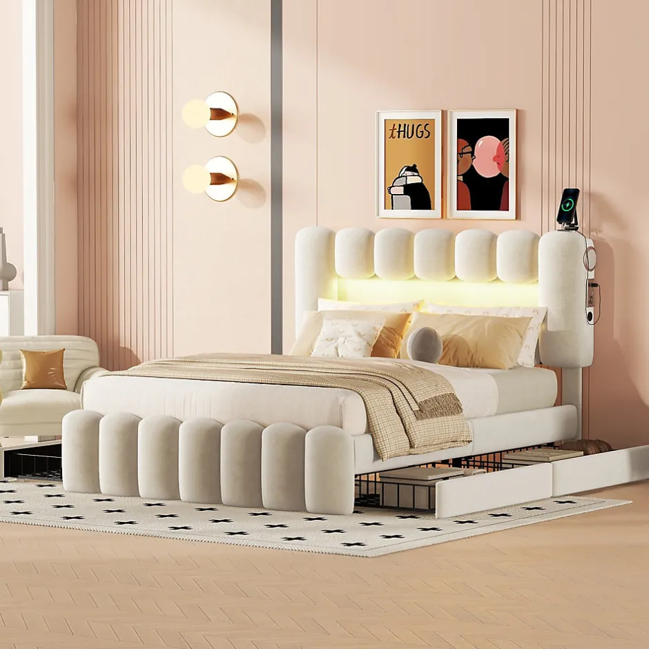 Okwish Lit avec Rangement 140 x 200 cm - Lit Capitonné Beige avec 4 Tiroirs et LED - Velours + MDF - Sans Matelas