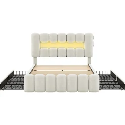 Okwish Lit avec Rangement 140 x 200 cm - Lit Capitonné Beige avec 4 Tiroirs et LED - Velours + MDF - Sans Matelas