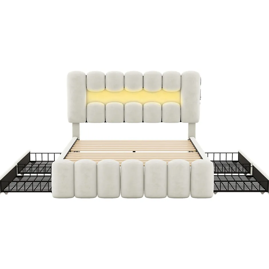 Okwish Lit avec Rangement 140 x 200 cm - Lit Capitonné Beige avec 4 Tiroirs et LED - Velours + MDF - Sans Matelas