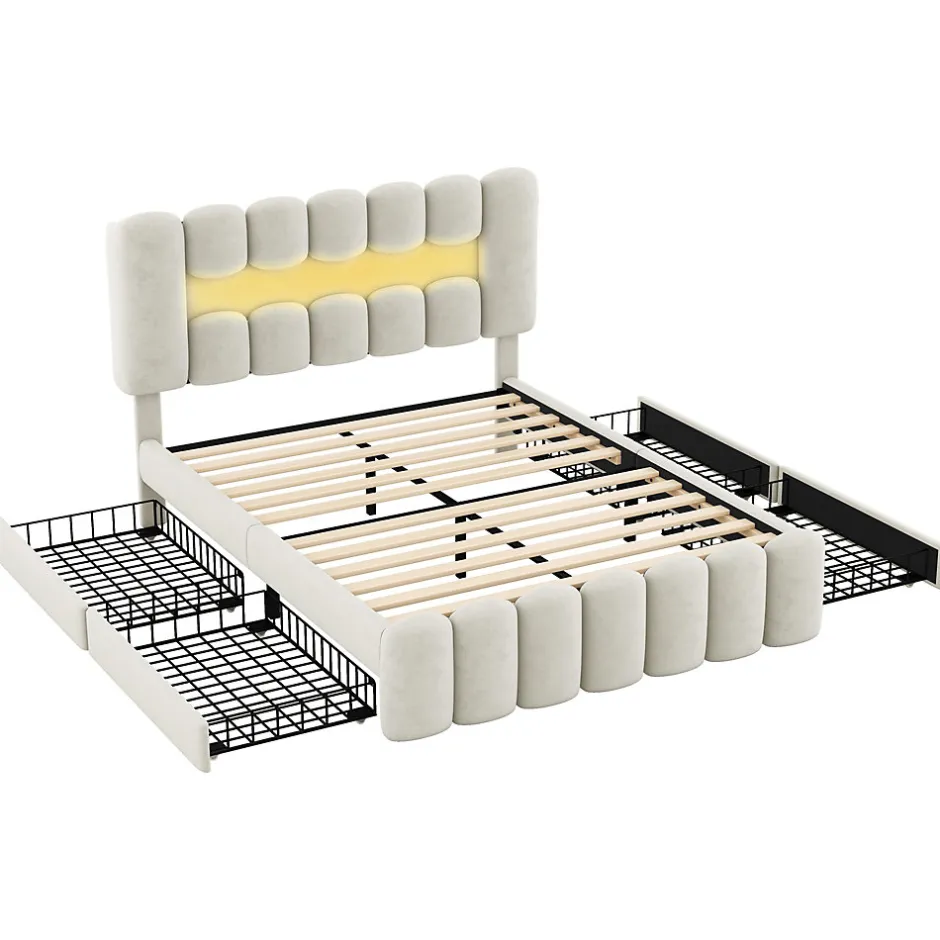 Okwish Lit avec Rangement 140 x 200 cm - Lit Capitonné Beige avec 4 Tiroirs et LED - Velours + MDF - Sans Matelas