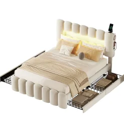 Okwish Lit avec Rangement 140 x 200 cm - Lit Capitonné Beige avec 4 Tiroirs et LED - Velours + MDF - Sans Matelas