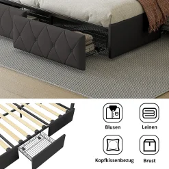 Fortuna lai Lit avec Rangement avec éclairage LED, PU Cuir 4 Tiroirs Lit Capitonné avec sommier Gris, 140X200CM