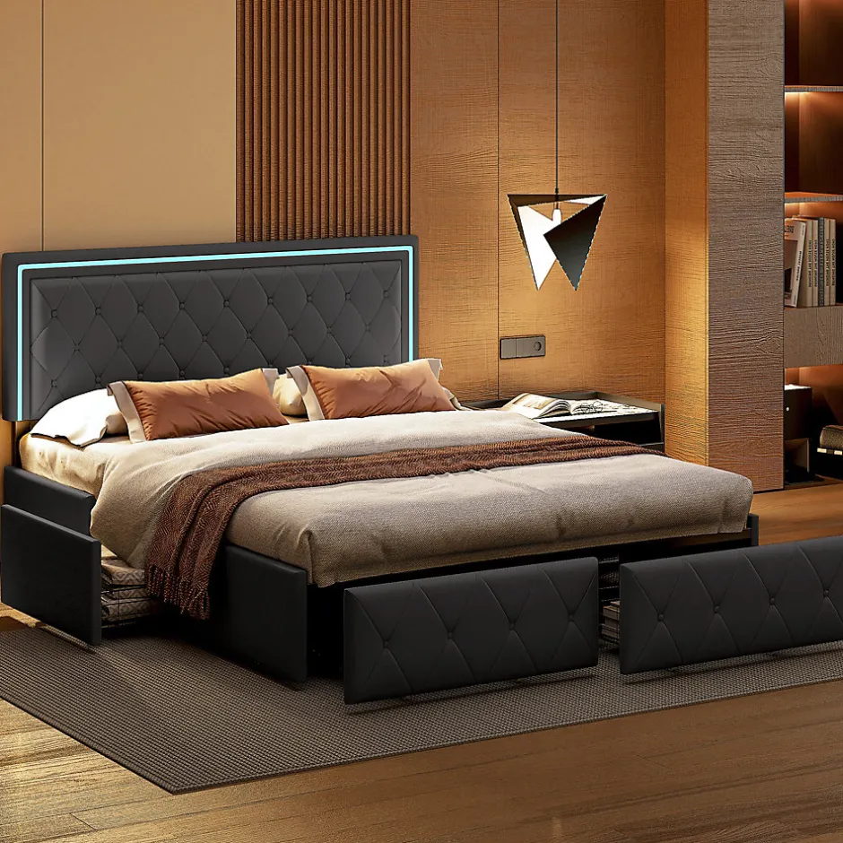 Fortuna lai Lit avec Rangement avec éclairage LED, PU Cuir 4 Tiroirs Lit Capitonné avec sommier Gris, 140X200CM