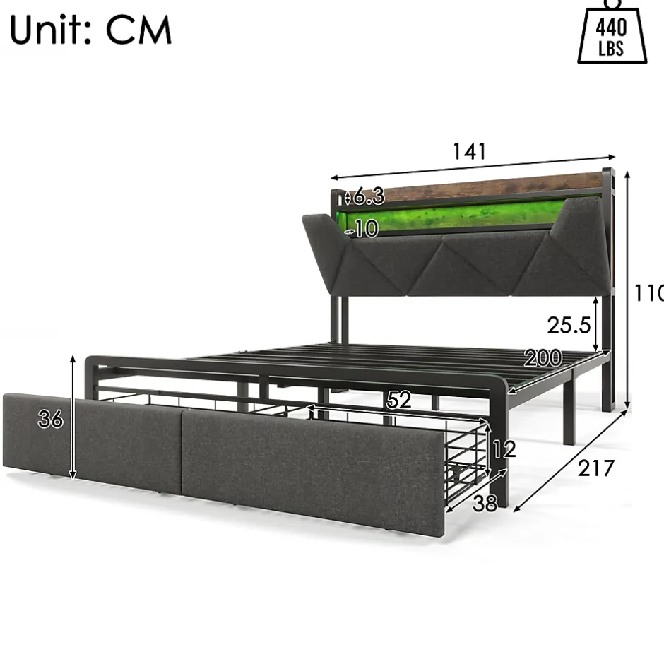 Okwish Lit avec rangement 140x200 - Lit double avec fonction USB Type C et tiroirs - Lin - Matelas Inclus - Gris Sale