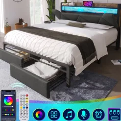 Okwish Lit avec rangement 140x200 - Lit double avec fonction USB Type C et tiroirs - Lin - Matelas Inclus - Gris Sale