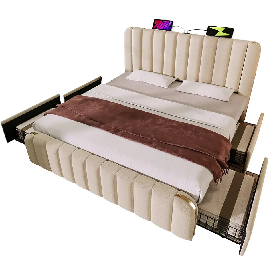 Okwish Lit avec rangement 140x200 - Lit double rembourré avec fonction USB Type-C et 4 tiroirs - Lin - Sans Matelas - Beige