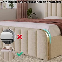 Okwish Lit avec rangement 140x200 - Lit double rembourré avec fonction USB Type-C et 4 tiroirs - Lin - Sans Matelas - Beige