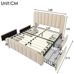 Okwish Lit avec rangement 140x200 - Lit double rembourré avec fonction USB Type-C et 4 tiroirs - Lin - Sans Matelas - Beige