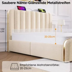 Okwish Lit avec rangement 140x200 - Lit double rembourré avec fonction USB Type-C et 4 tiroirs - Lin - Sans Matelas - Beige
