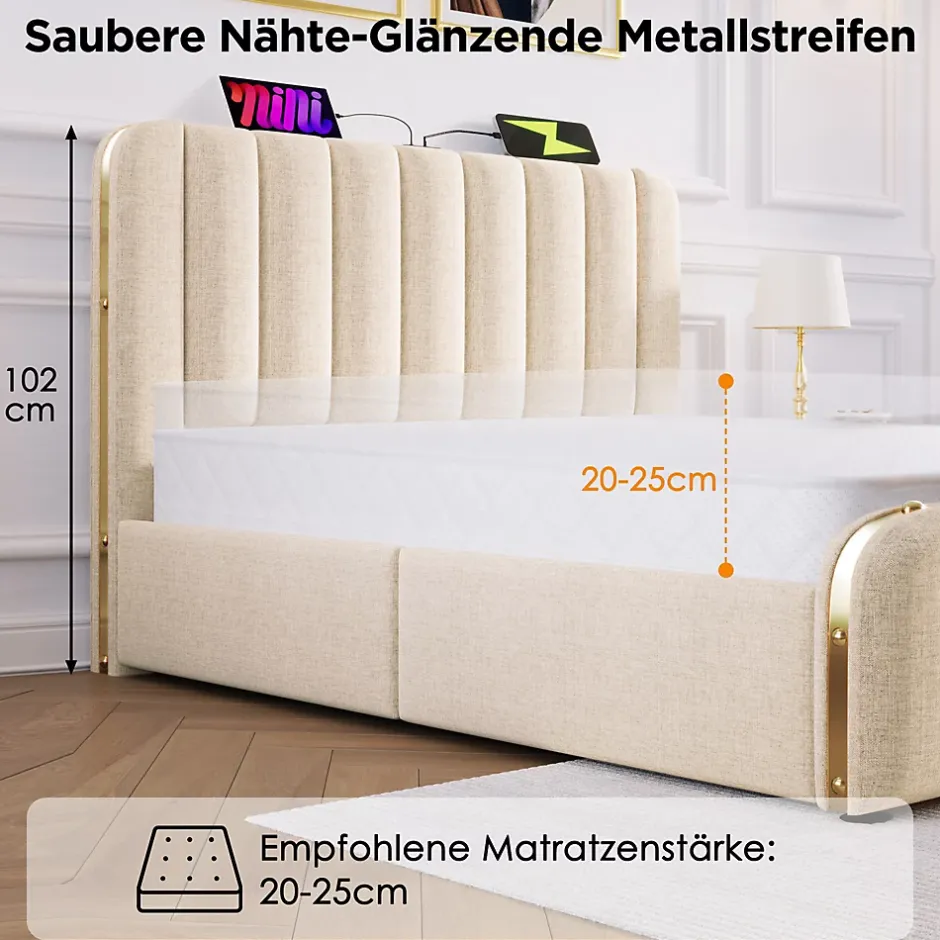 Okwish Lit avec rangement 140x200 - Lit double rembourré avec fonction USB Type-C et 4 tiroirs - Lin - Sans Matelas - Beige