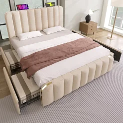 Okwish Lit avec rangement 140x200 - Lit double rembourré avec fonction USB Type-C et 4 tiroirs - Lin - Sans Matelas - Beige