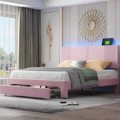 Okwish Lit avec Rangement 160x200 cm - Lit Capitonné Double Adulte avec Bande Lumineuse, Port USB et Tiroir - Rose Discount