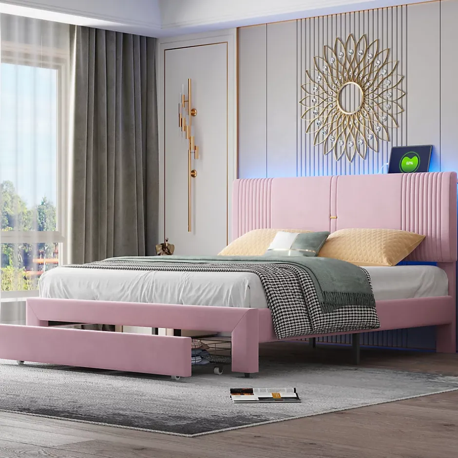 Okwish Lit avec Rangement 160x200 cm - Lit Capitonné Double Adulte avec Bande Lumineuse, Port USB et Tiroir - Rose Discount