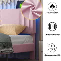 Okwish Lit avec Rangement 160x200 cm - Lit Capitonné Double Adulte avec Bande Lumineuse, Port USB et Tiroir - Rose Discount