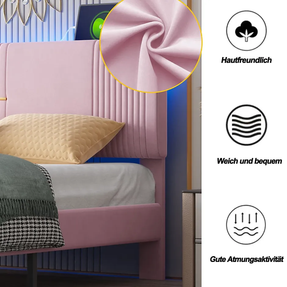 Okwish Lit avec Rangement 160x200 cm - Lit Capitonné Double Adulte avec Bande Lumineuse, Port USB et Tiroir - Rose Discount
